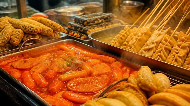 Close up of spicy Korean tteokbokki rice cakes with fish cake skewers and fried snacks at street food market