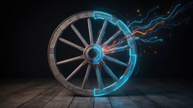 Futuristic wooden wagon wheel with digital energy glow