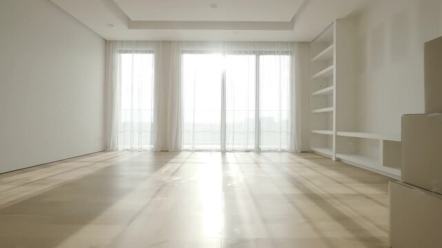 Empty living room with moving boxes representing relocation and moving day