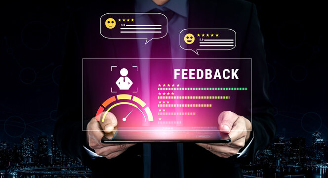 A system for collecting customer feedback and measuring service quality. A dashboard with user reviews, ratings, and a satisfaction meter. Motif