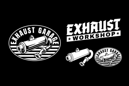 Automotive exhaust muffler vintage logo badge vector design. Exhaust pipe for garage workshop emblem design