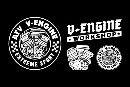 ATV V-engine vintage logo badge vector design. ATV engine, v-twin engine for repair and maintenance emblem design