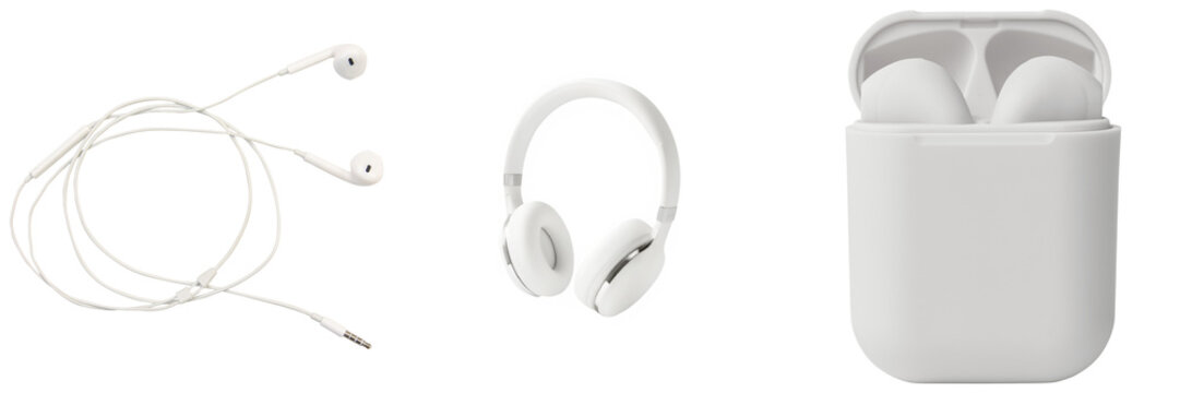 Three types of white headphones: wired earbuds, over-ear headphones, and wireless earbuds in a charging case, isolated on a white background.