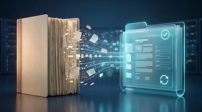 Secure database archiving showing physical files migrating into digital folder interface over server room background