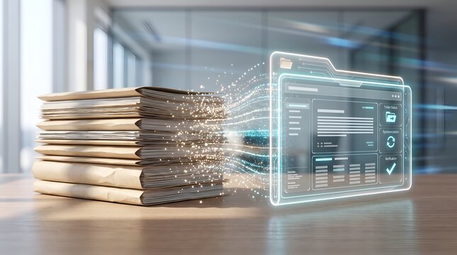 Digital transformation data migration showing physical paper folders converting into secure cloud document management system