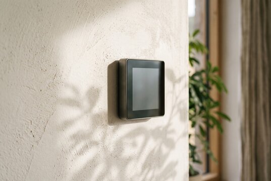 Modern smart thermostat mounted on limewash wall with soft natural lighting and minimalist interior design