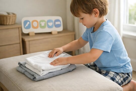 Child Folding Laundry Following Visual Chore Routine