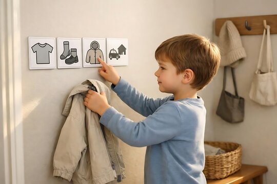 Child Hanging Clothes Using Visual Daily Routine Cards