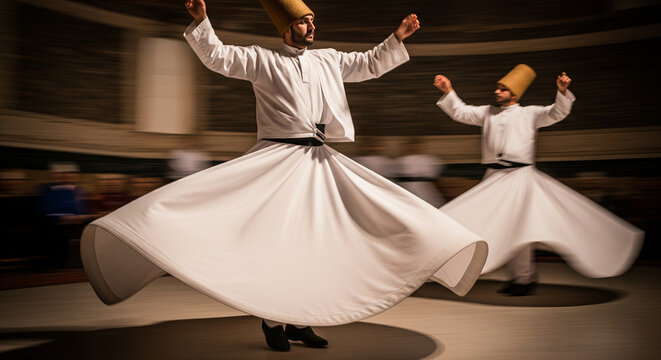 Whirling Sufi dervishes in white robes performing traditional meditative Sema dance ceremony