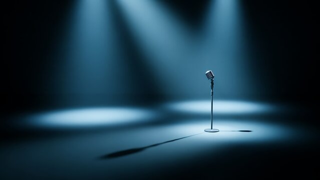 Vintage microphone standing alone on an empty stage illuminated by dramatic blue spotlights for performance