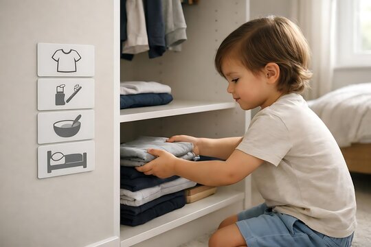 Child Putting Away Clothes Using Visual Routine Cards