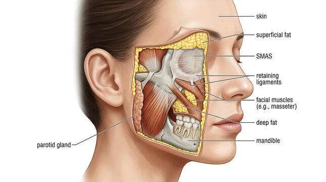 Detailed anatomical cross-section of female facial muscles and fat layers