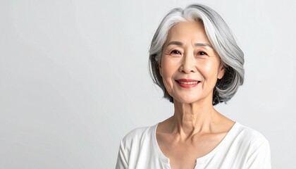 Fototapeta premium Dignified Korean Woman in Her 70s Portrait with White Hair on White Background