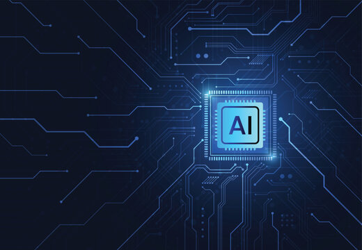 Modern circuit board graphic featuring artificial intelligence chip illustration
