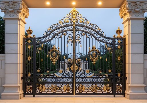Elegant wrought iron and gold ornamental entrance gate with massive stone pillars