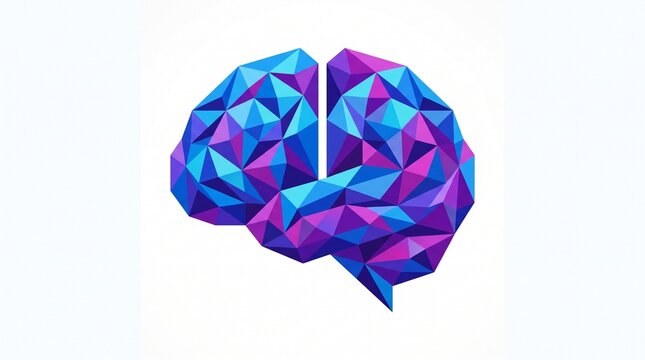 Low poly human brain illustration with blue and purple geometric facets for psychology and scientific research concepts.