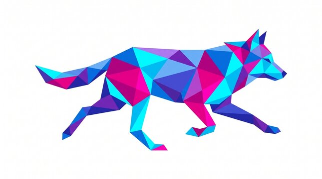 Low poly wolf logo design with vibrant magenta and cyan blue geometric shapes.