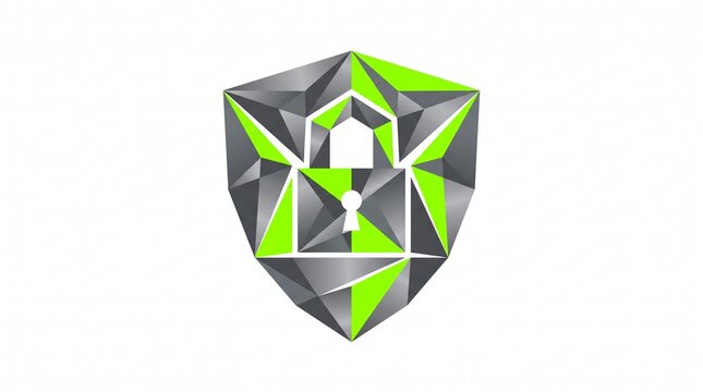 Cybersecurity shield logo with geometric green and grey facets featuring central padlock.