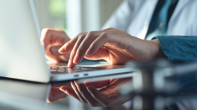 Closeup, doctor working on laptop with stethoscope and digital tablet on table in hospital office. 