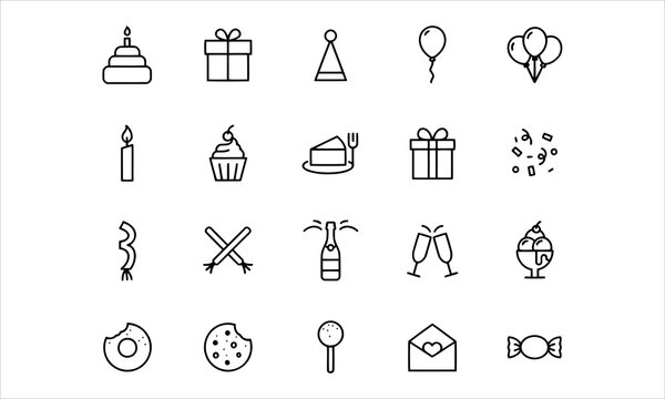 Set outline icons related to birthday. Linear icon collection. Editable stroke. Vector illustration