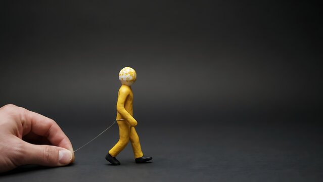 Miniature Person in Yellow Suit Being Controlled and Pulled by a String by Human Hand on Dark Background