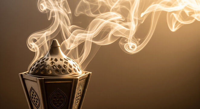 Ornate metallic incense burner with thick fragrant smoke rising against a warm golden background