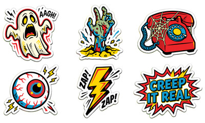 Fototapeta premium Set of colorful cartoon stickers featuring spooky Halloween and comic book inspired graphic elements.