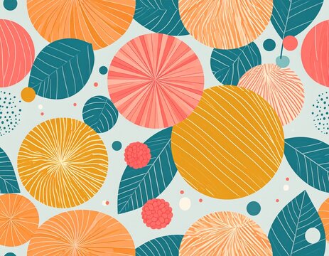 Vibrant geometric floral seamless pattern with rounded petals and tropical leaf shapes in pastel colors