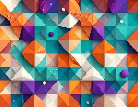 Vibrant geometric wallpaper with folded paper polygons and zigzag color ribbons in teal, orange, and purple