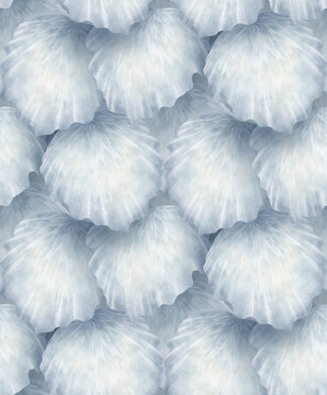 Seamless ethereal pearl-white and pale blue shell pattern with delicate radiating lines for background and wallpaper