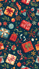 Fototapeta premium A vibrant and festive seamless pattern featuring an array of colorful Christmas gift boxes, snowflakes, holly, and other holiday decorations on a dark blue background.