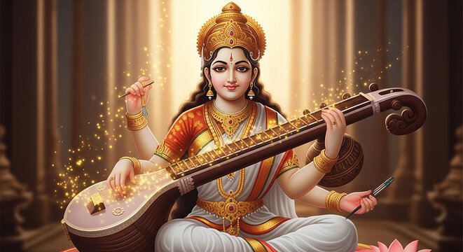 Goddess Saraswati Playing Veena Musical Instrument in Divine Golden Light