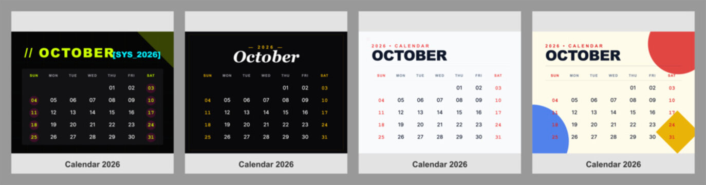 october 2026 monthly calendar set organizer style template desk wall stationery corporate vector autumn office overview tracker management