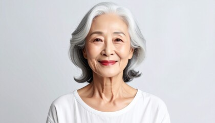 Fototapeta premium Dignified Korean Woman in Her 80s Portrait with White Hair on White Background