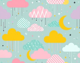 Colorful geometric cloud shapes and crescent moons floating on pastel gradient background for design