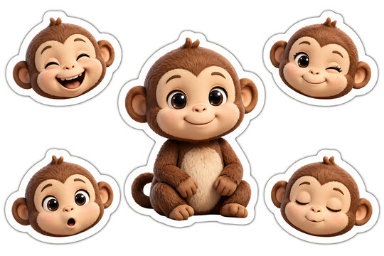 Cute little monkey animal cartoon sticker set illustration on white background