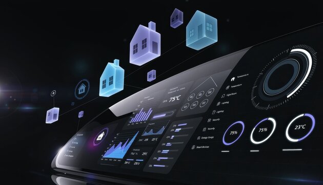 Futuristic smart home interface with glowing house and data