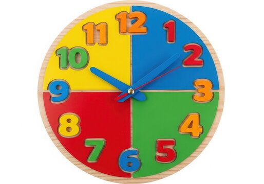 Colorful children's learning clock with big numbers isolated on white background