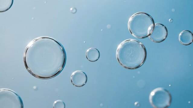 Clear oxygen bubbles rising in fresh transparent liquid with blue lighting