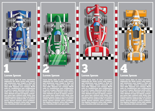 A set of racing cars on the finish line. Top view. The template for the presentation. Vector illustration. 