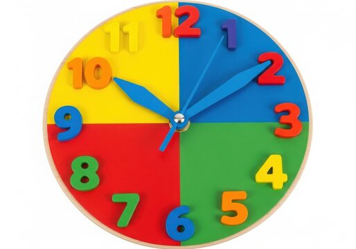 Colorful children's clock with big numbers isolated on white background