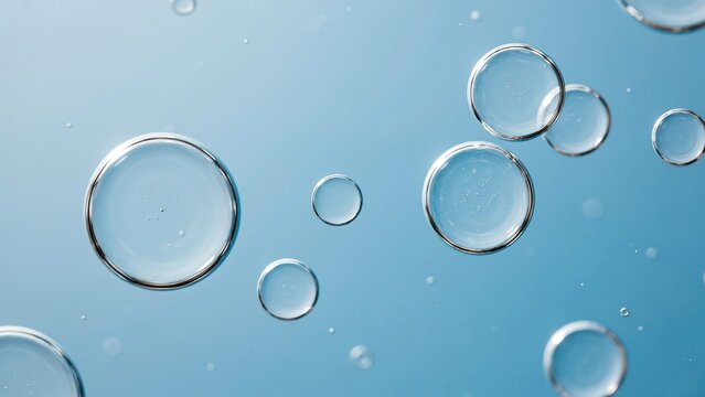 Transparent air bubbles rising inside clean water against soft blue backdrop
