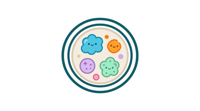 Petri dish containing various colorful kawaii microbial colonies.