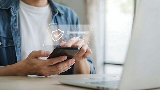 Man using a smartphone for two factor authentication with secure login and password protection
