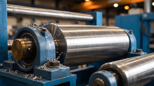 Large polished steel roller mounted on a blue lathe with metal shavings in an industrial workshop