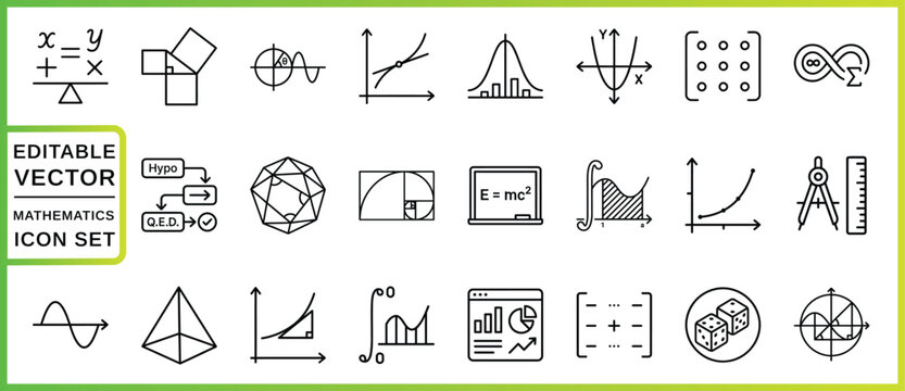 Mathematics Icon Set Linear Vector Graphics On White Background