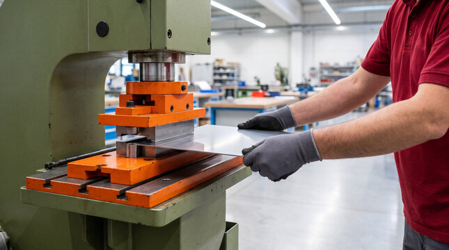 Worker wearing gloves operating a metal sheet on an orange industrial press machine in a manufacturing workshop
