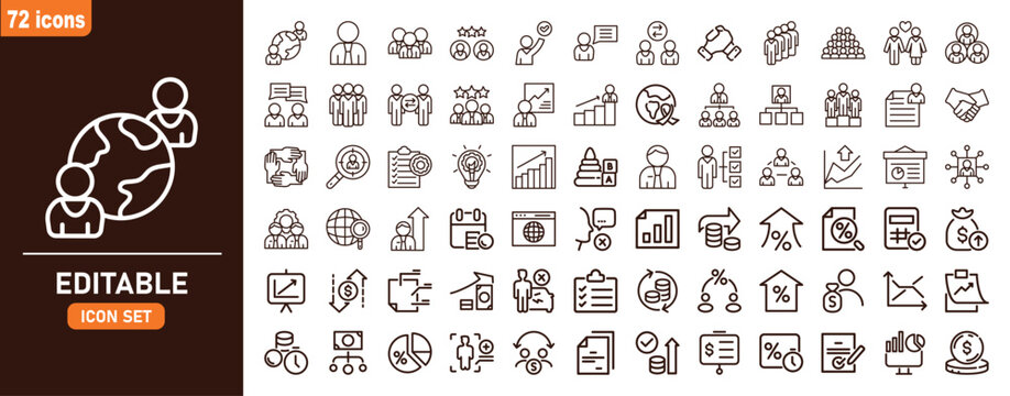 Set of 72 business management and global human resources icons in hand drawn sketch line art style