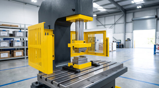 Yellow and grey hydraulic press machine with safety guards and steel table on an industrial workshop floor