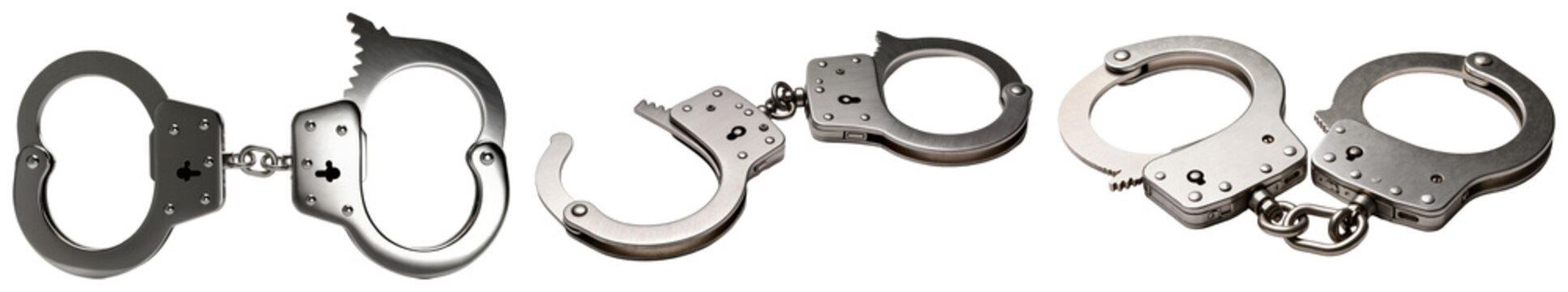 Collection of metal handcuffs isolated on a white background